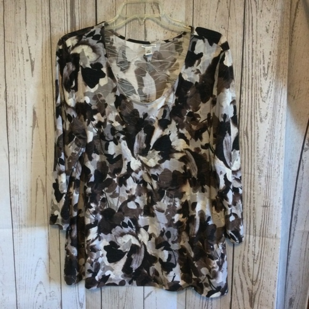 Croft & Barrow Floral Print Black & Gray Casual Office Women's Top Size XL